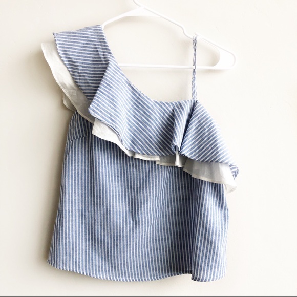 Alythea Tops - Alythea Blue White Striped Ruffle One Shouder Top
